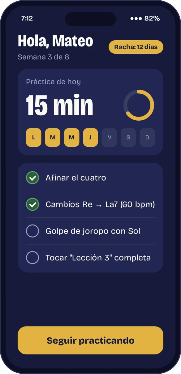 Pantalla de práctica del día: 15 minutos, racha de 12 días y lista de ejercicios