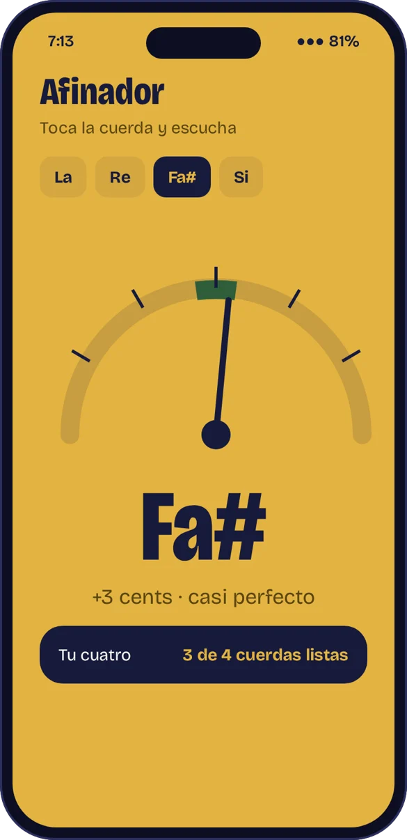 Pantalla del afinador marcando Fa sostenido casi perfecto